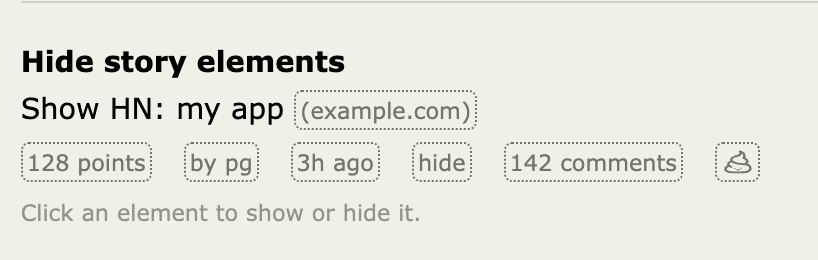 Hide story elements setting with the poop button alongside the story metadata